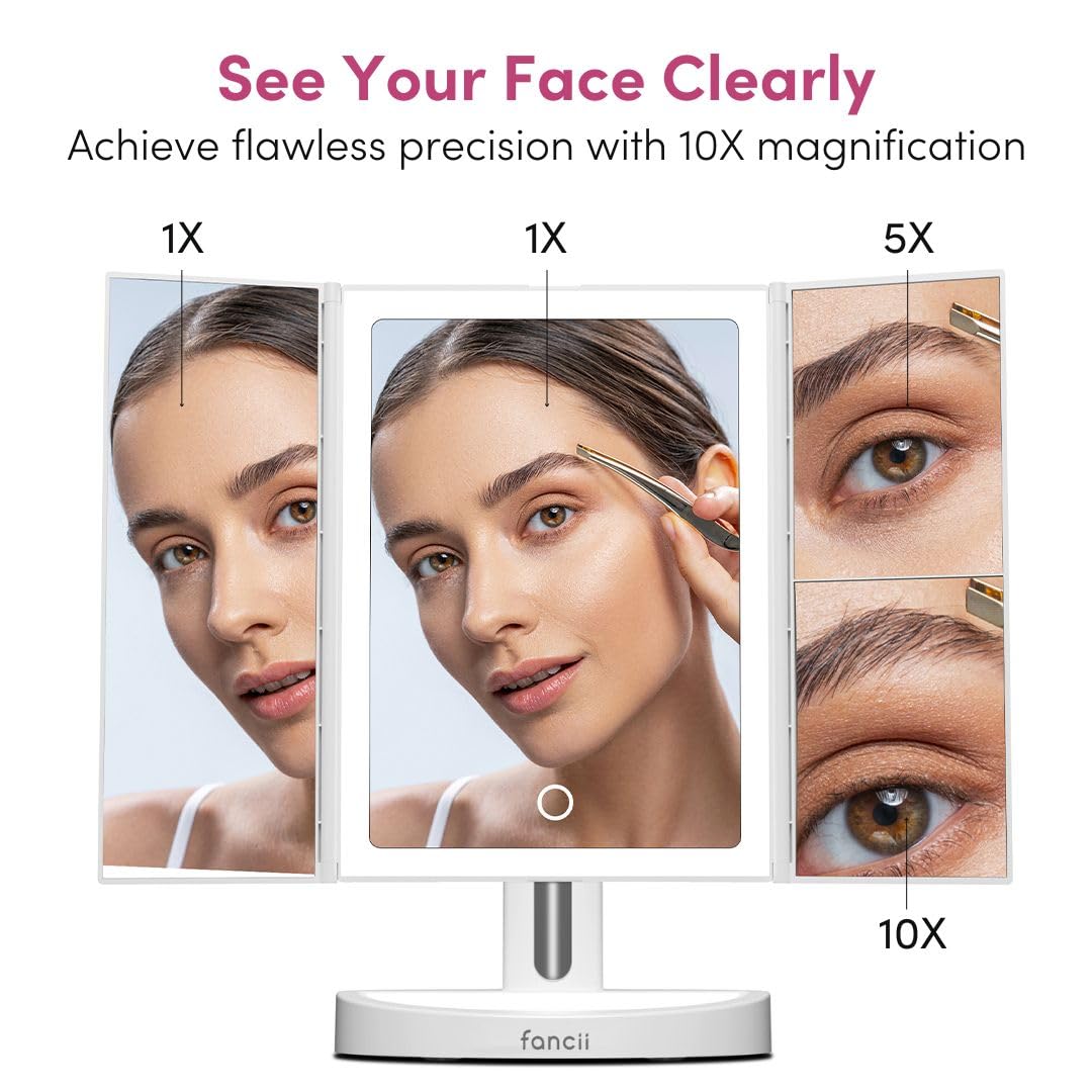 Fancii LED lighted makeup mirror 3-panel display offers versatile viewing options