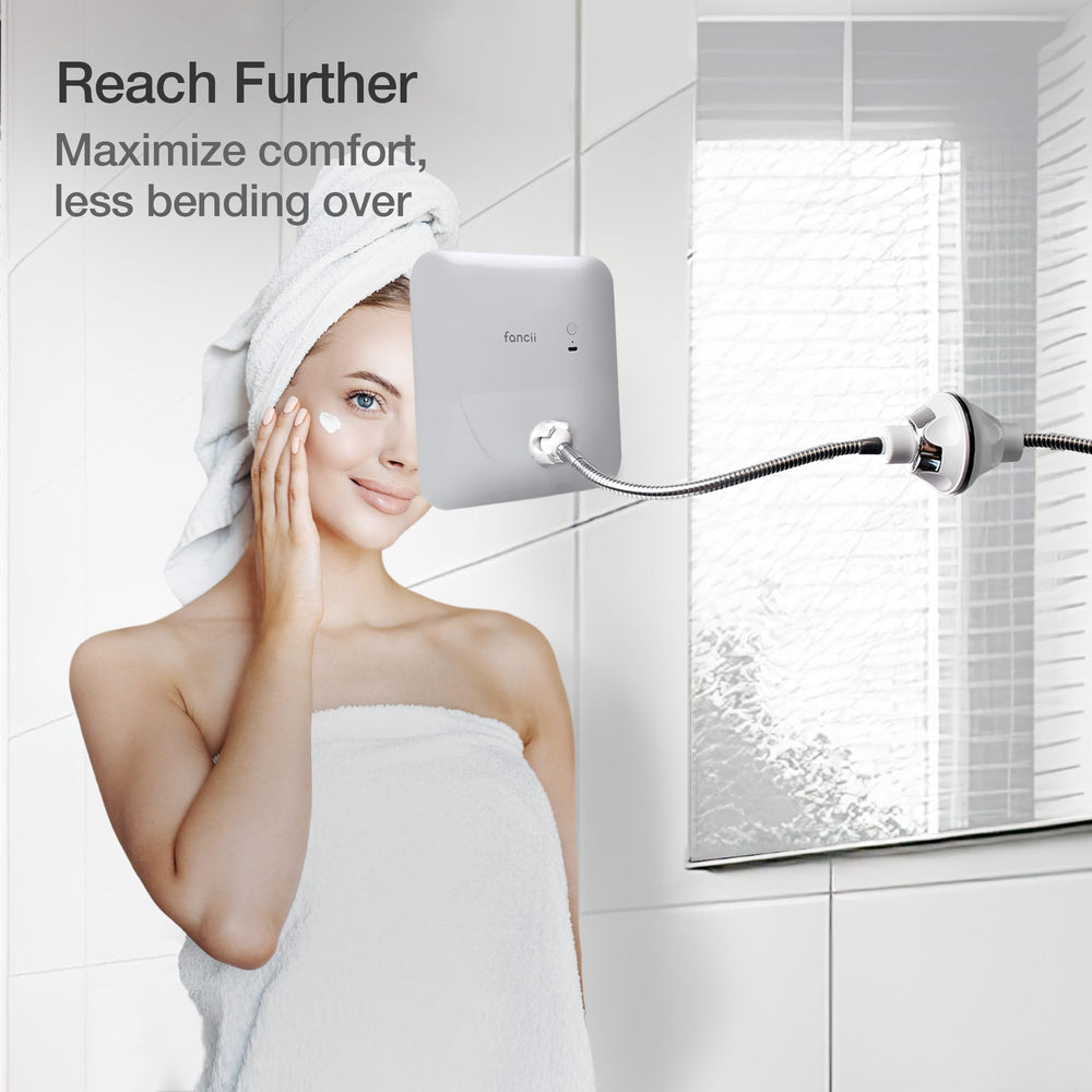 Fancii Mira 2 Plus locking suction mount attaches to a smooth bathroom mirror.