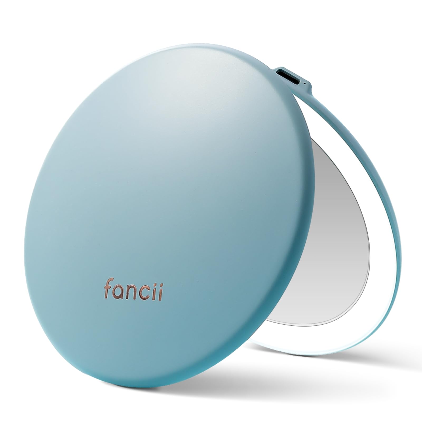 Fancii Taylor mirror closed for travel and purse storage with Soft Sky finish