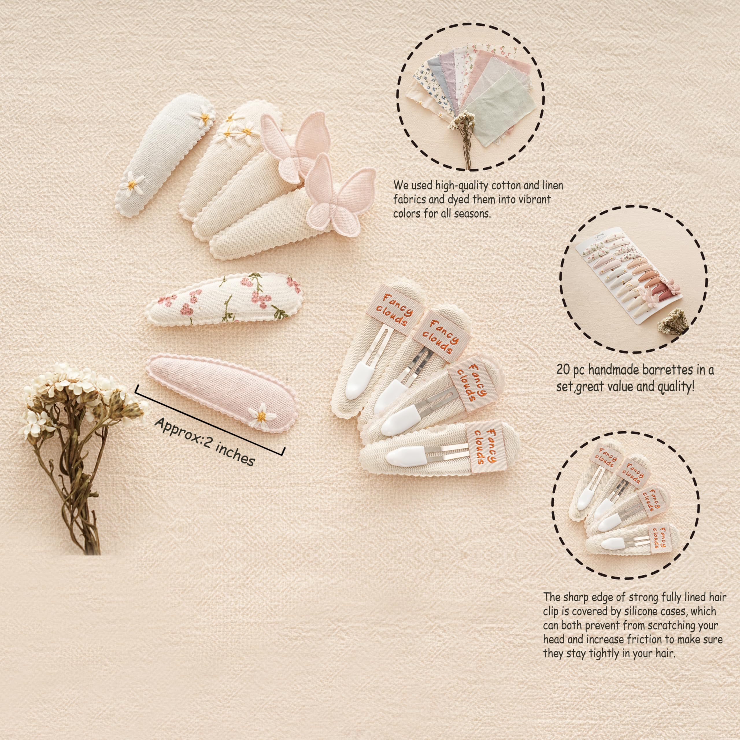 Fancy Clouds neutral fabric snap clip with daisies provides soft touch and versatile styling.