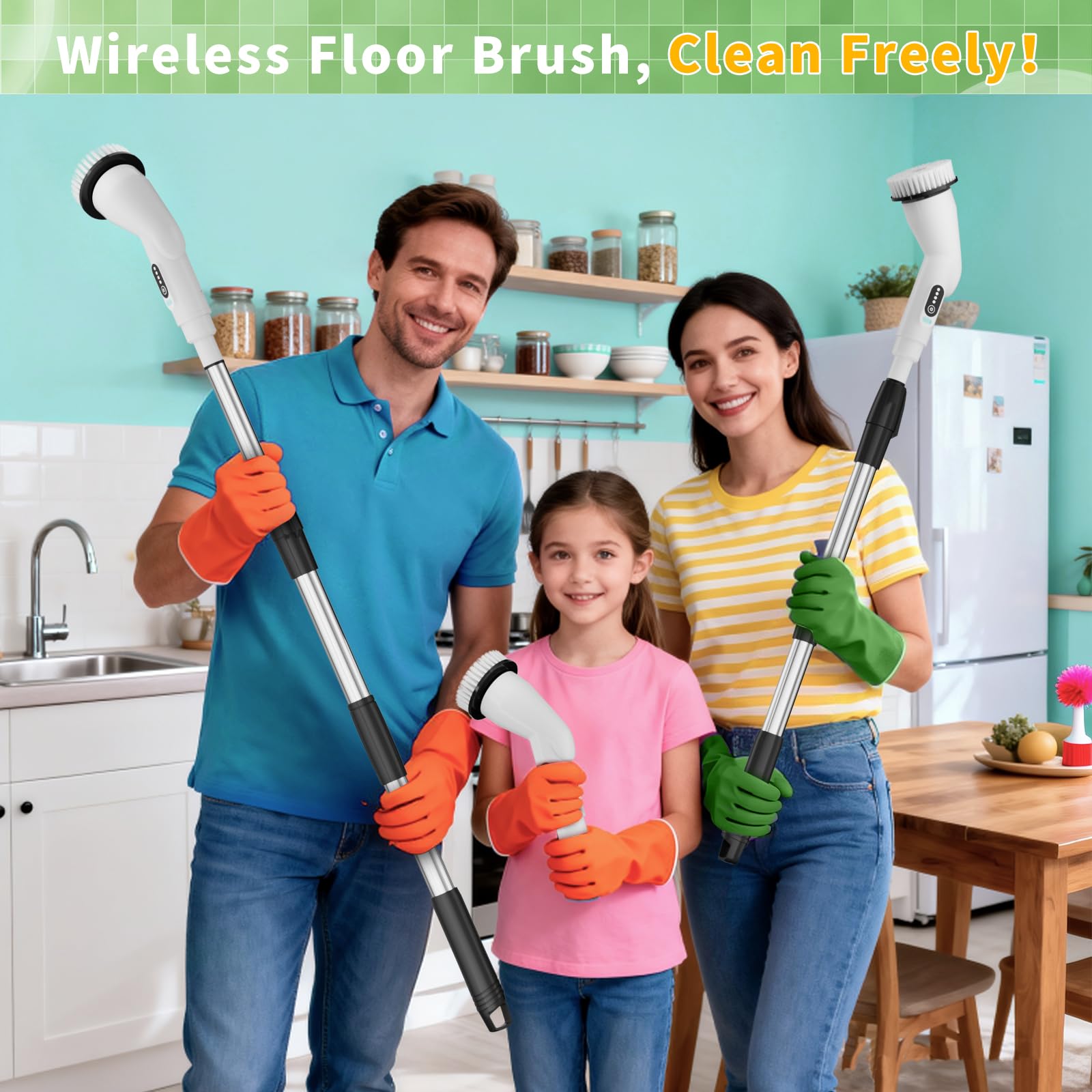 Fancy Home electric spin scrubber extended pole reaching tight spaces