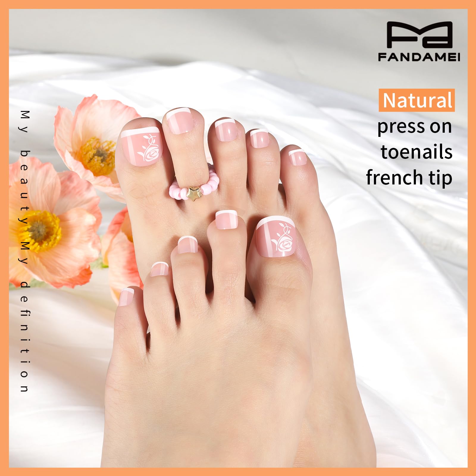 Fandamei French tip toenails present chic style for beach and resort outfits.