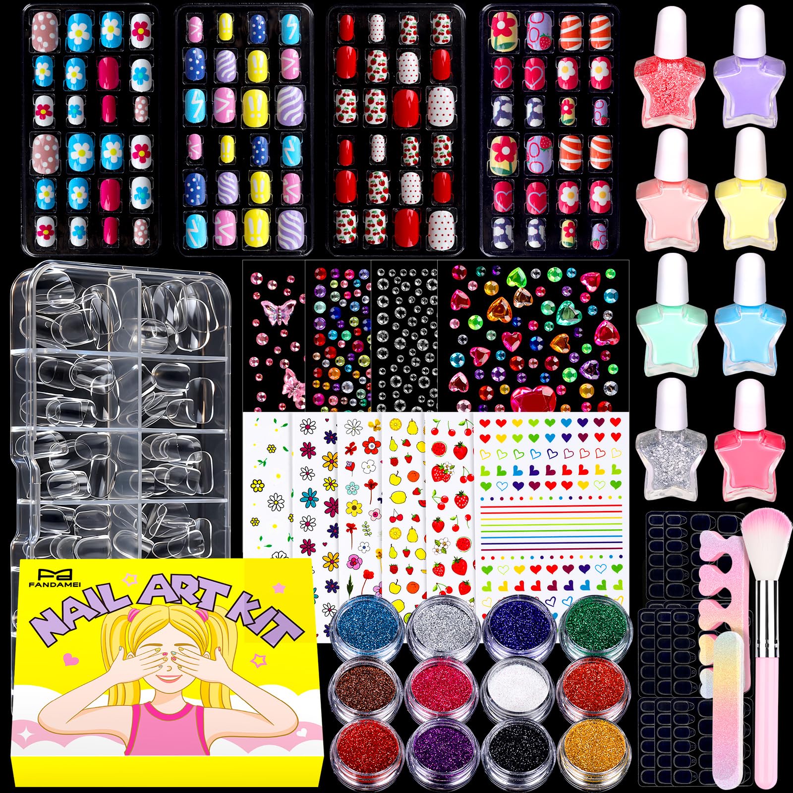 Fandamei kids press-on nails in assorted styles for quick, mess-free playtime.