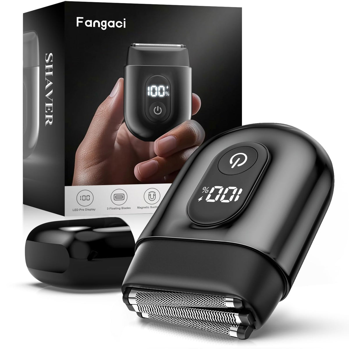 Fangaci electric foil shaver highlights 3-head design for precise contour grooming.