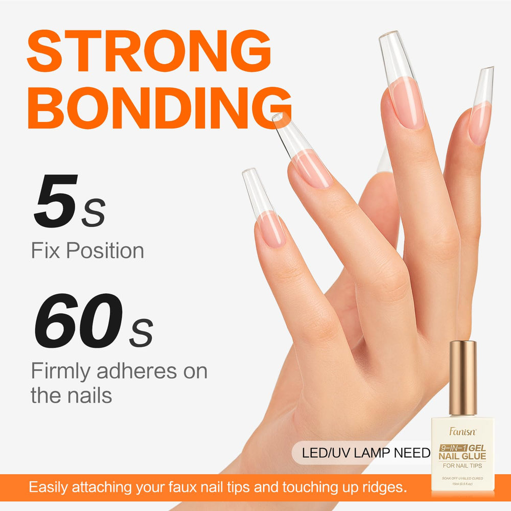 Fanisn 9-in-1 gel nail glue clear tips adhesion for lasting wear.
