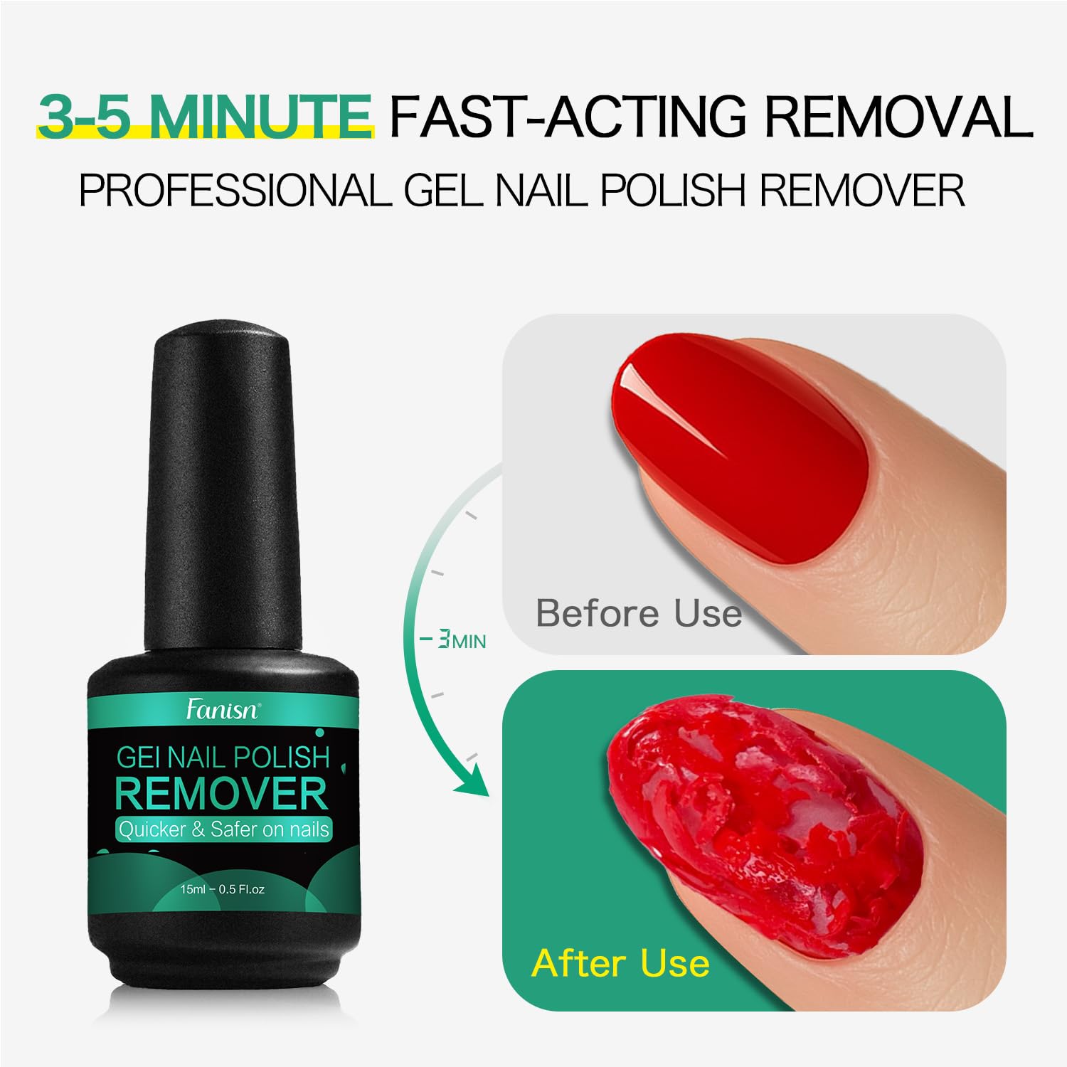 Fanisn remover bottle closeup shows acetone-free formula for nail safety.