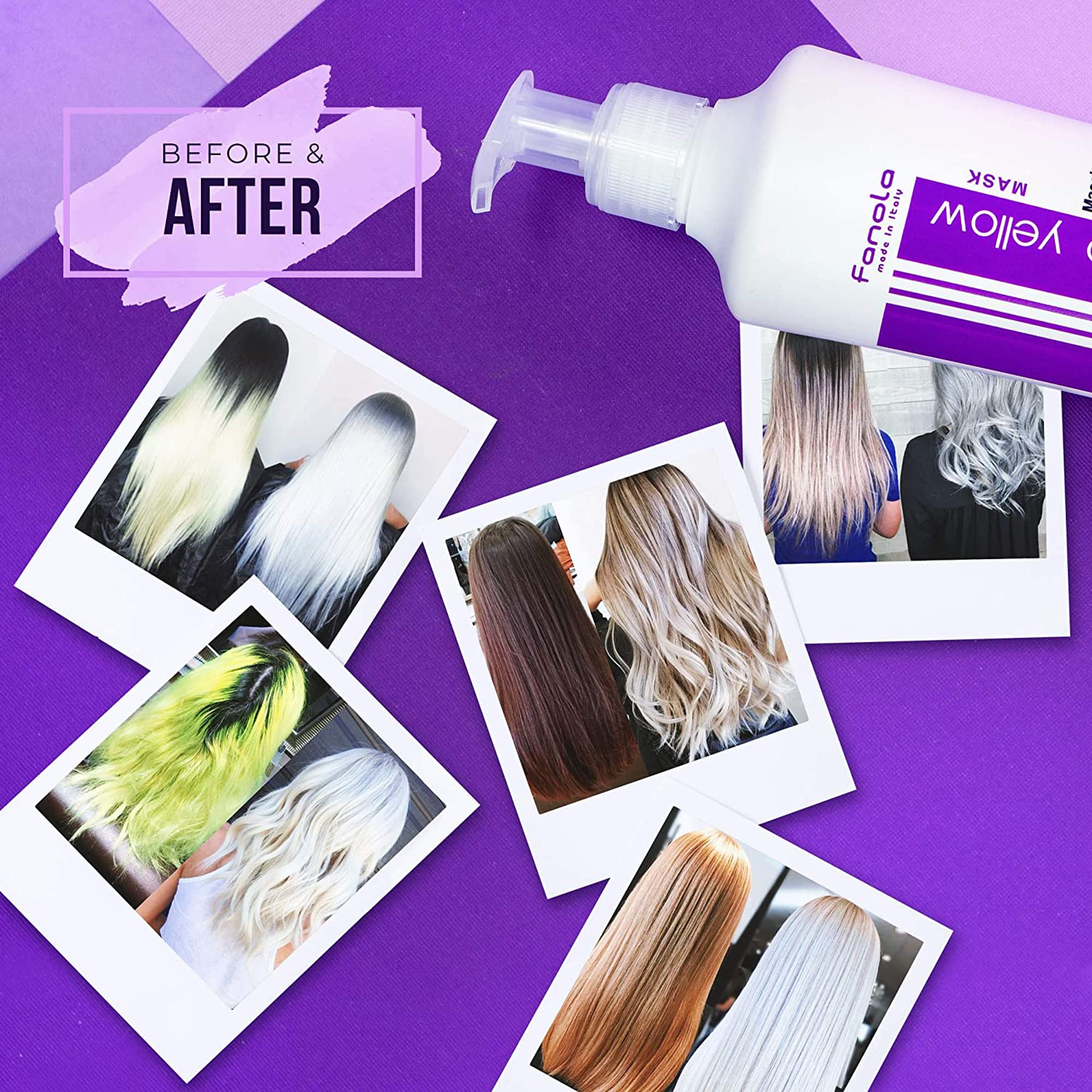 Fanola before-after: bleached blonde with cooler tone after using No Yellow system