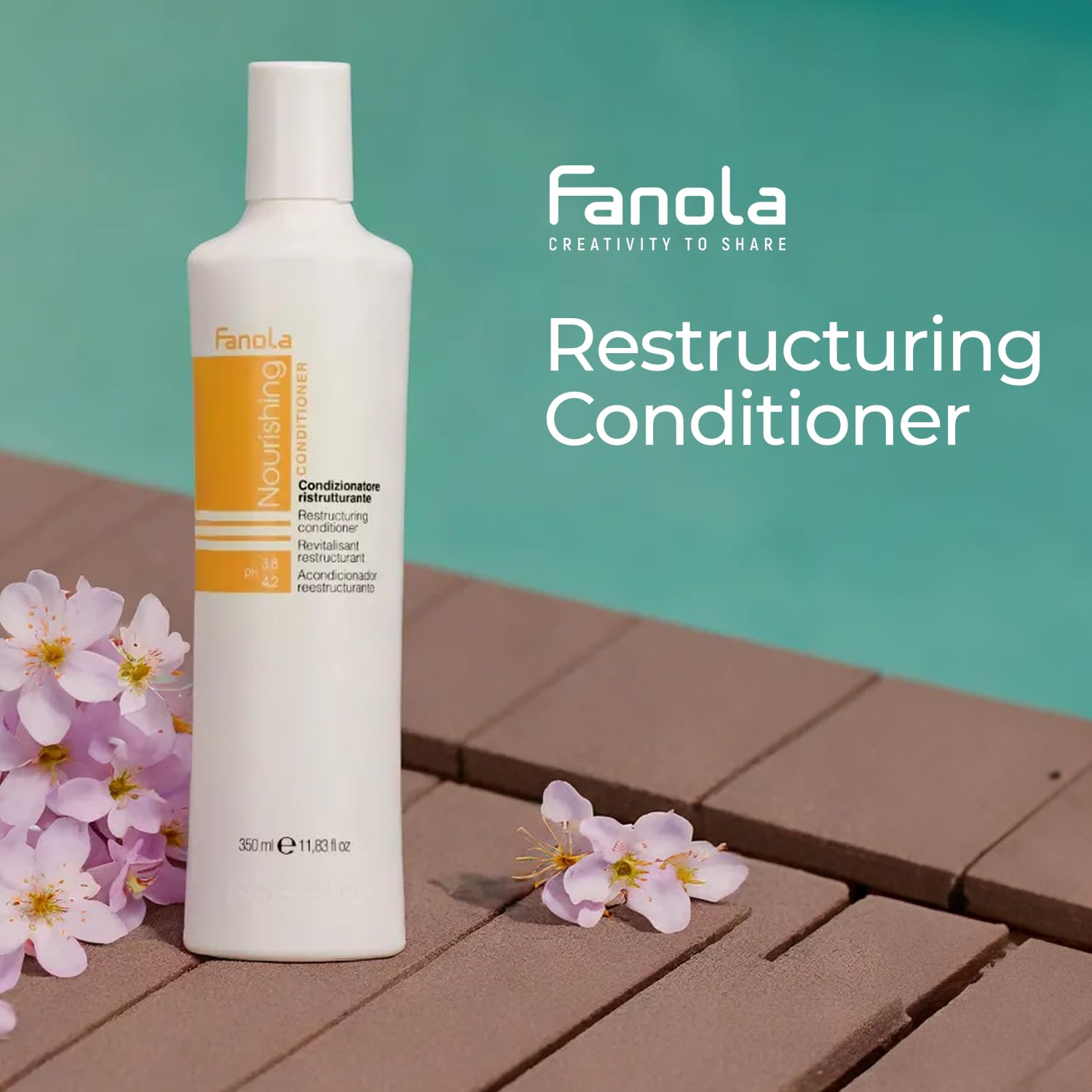 Fanola linseed oil ingredient visual highlights frizz reduction and strength.