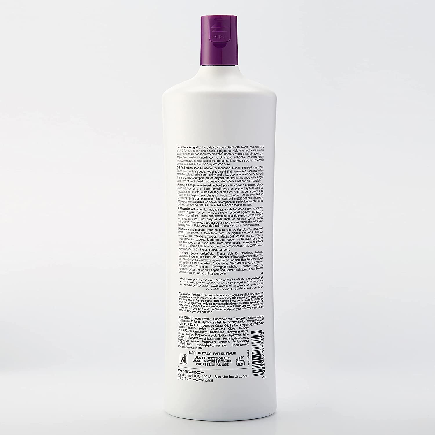 Fanola No Yellow purple hair mask applying with gloves ready for at-home toning