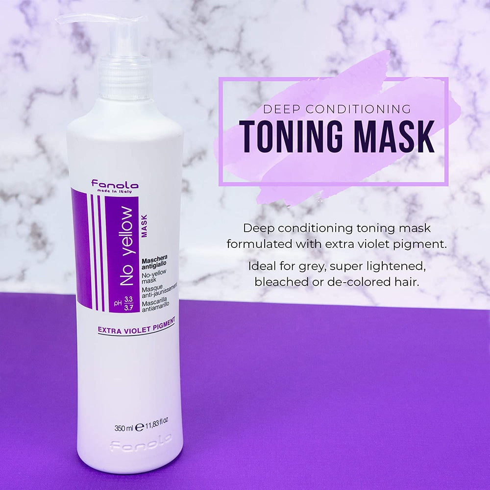 Brass tones neutralized by Fanola No Yellow Purple Mask on cool-toned hair