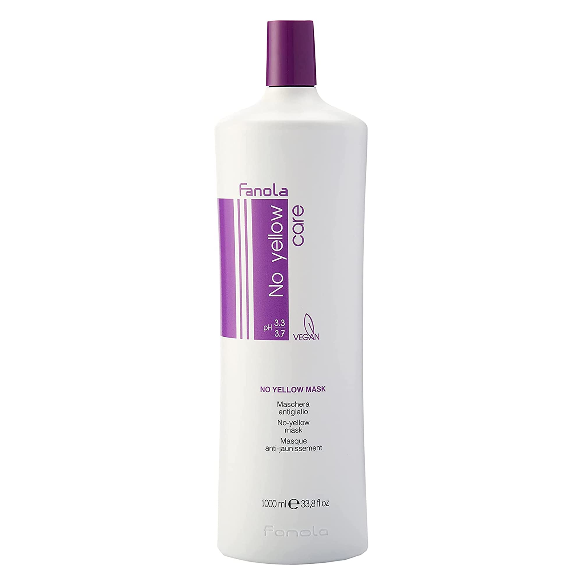 Fanola No Yellow Purple Mask jar shows violet pigment for brass neutralization on hair