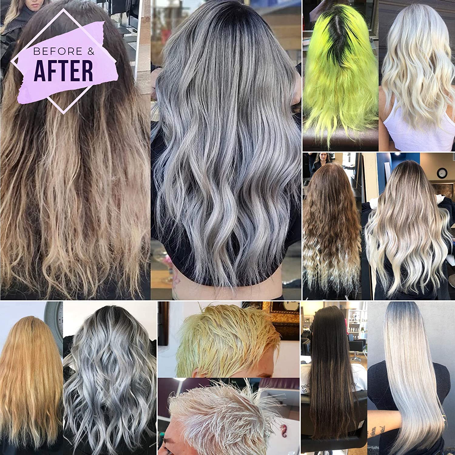 Fanola No Yellow on grey or bleached hair shows brass neutralization.