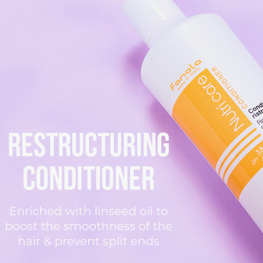 Fanola Nutri Care Conditioner bottle demonstrates deep nourishment for dry treated hair.