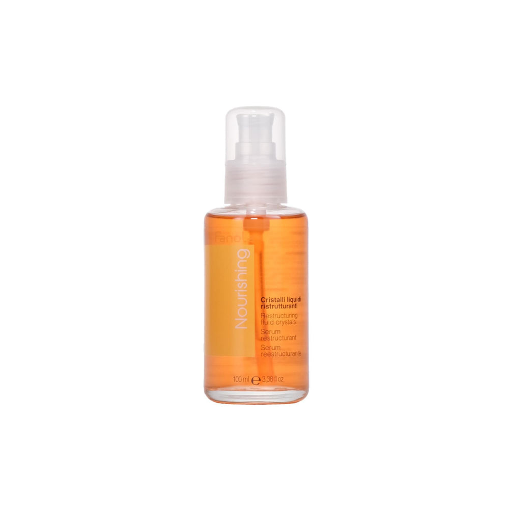 Fanola restructuring anti frizz serum bottle for detangling and shine.