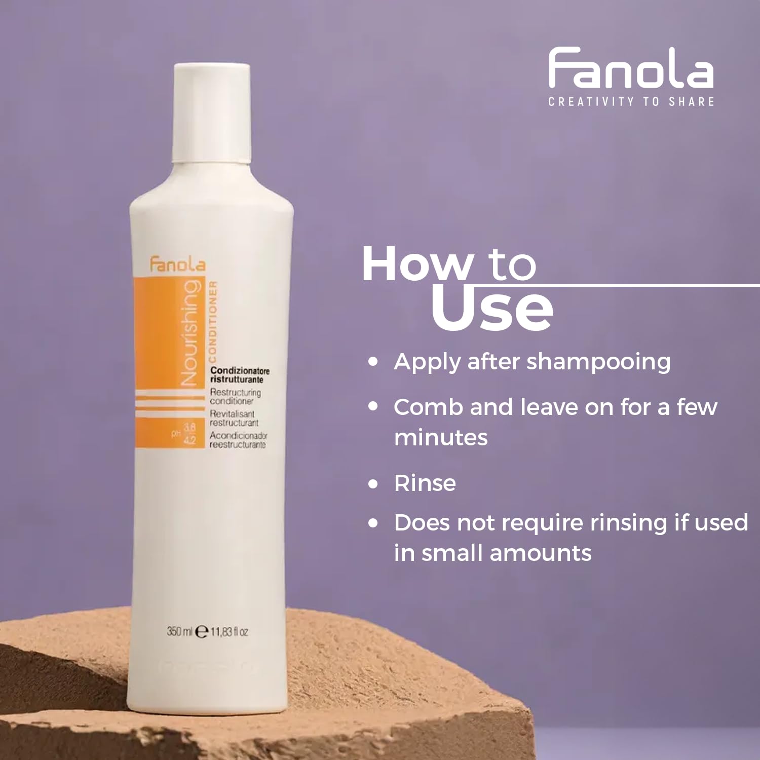 Fanola conditioner creamy texture close-up suggests rich moisture for damaged strands.