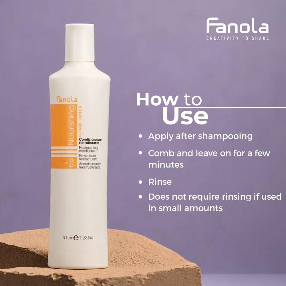 Fanola conditioner creamy texture close-up suggests rich moisture for damaged strands.