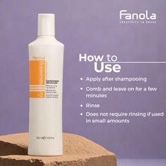 Fanola conditioner creamy texture close-up suggests rich moisture for damaged strands.