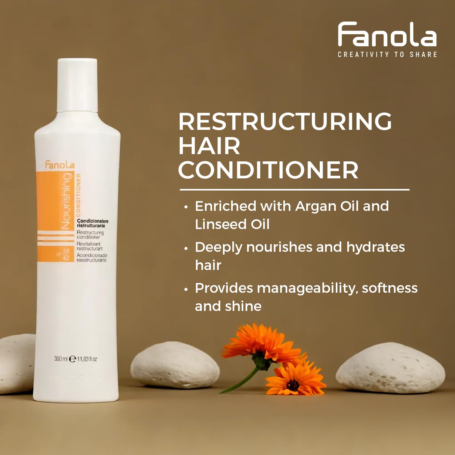 Fanola restructuring conditioner front label highlights hydrating formula for dry hair.