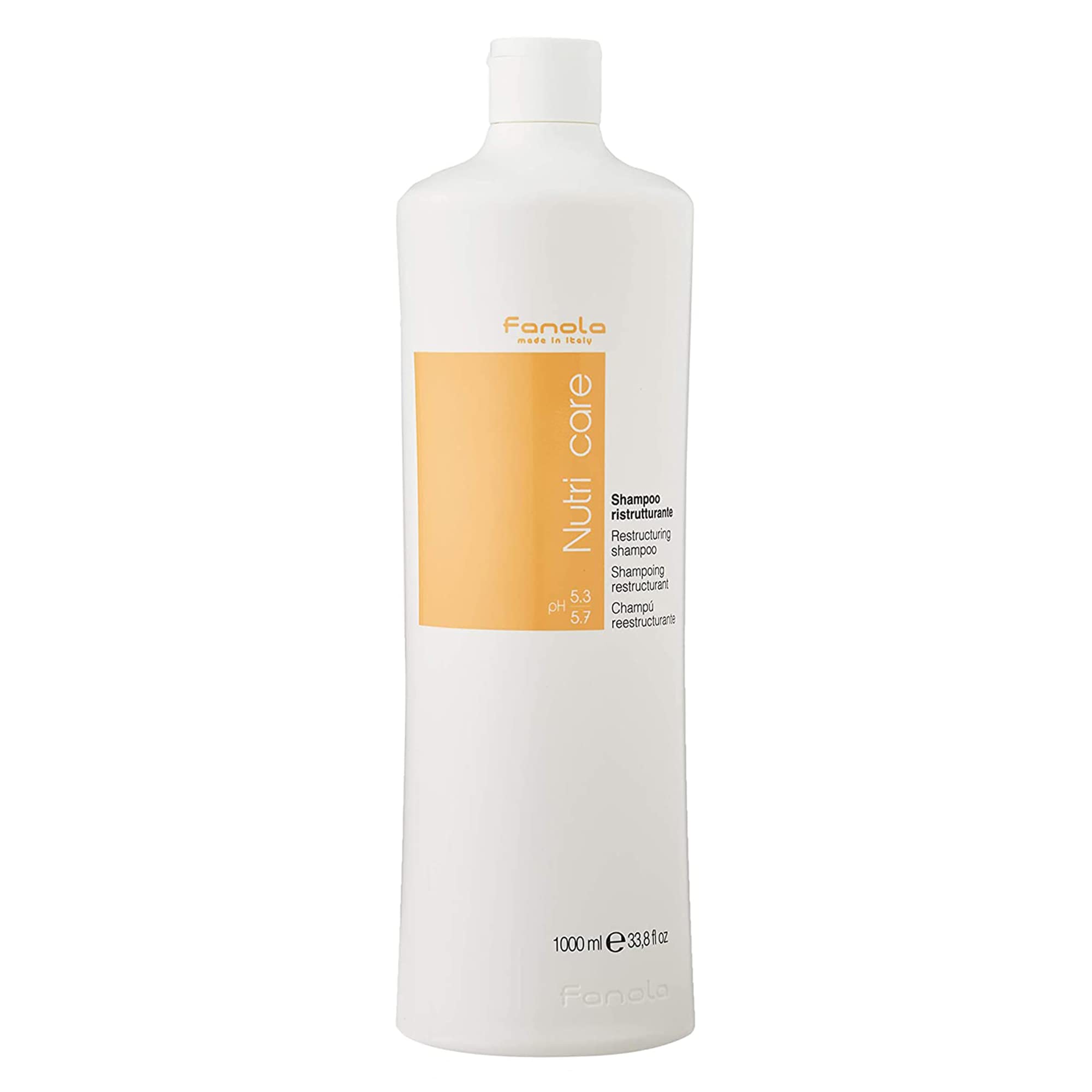 Fanola Restructuring Shampoo bottle-front highlights hydrating formula for dry, frizz-prone hair.