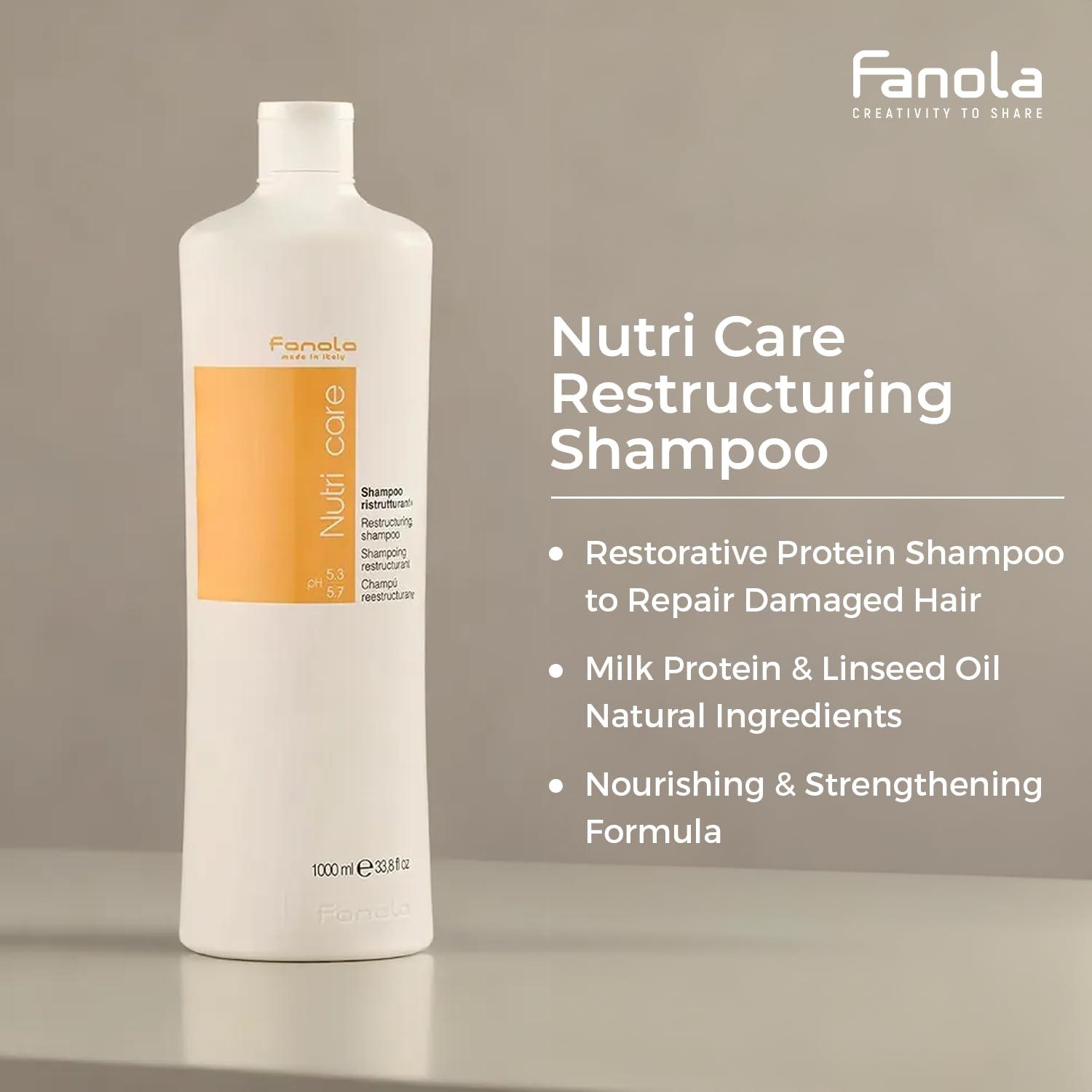 Fanola Restructuring Shampoo hair-wash scene conveys gentle cleansing for brittle strands.