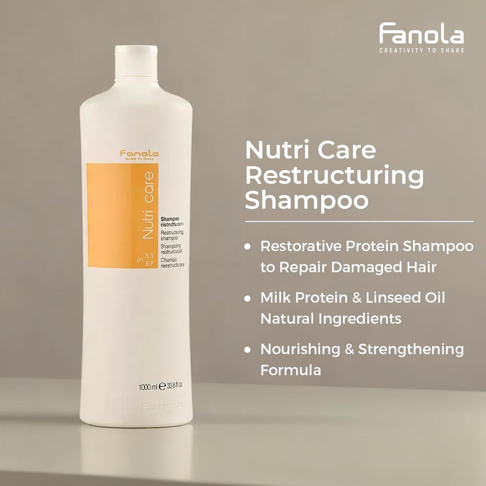 Fanola Restructuring Shampoo hair-wash scene conveys gentle cleansing for brittle strands.