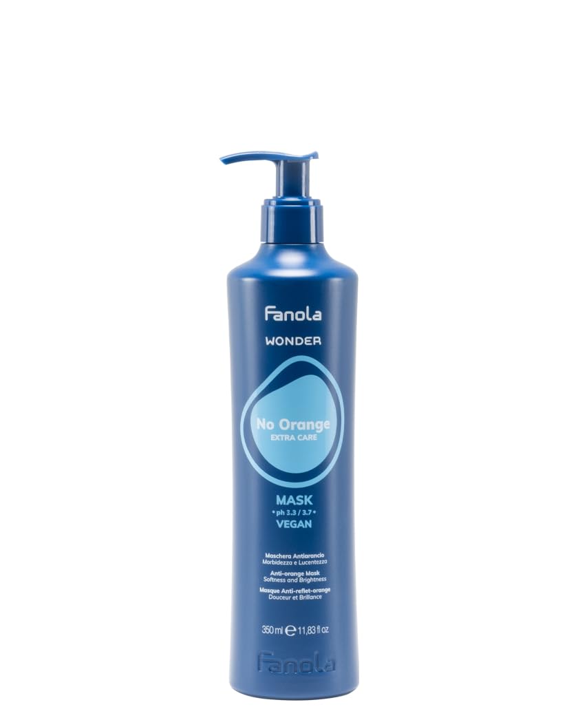 Fanola Wonder No Orange mask bottle close-up showing blue-toned toning for brassy hair correction
