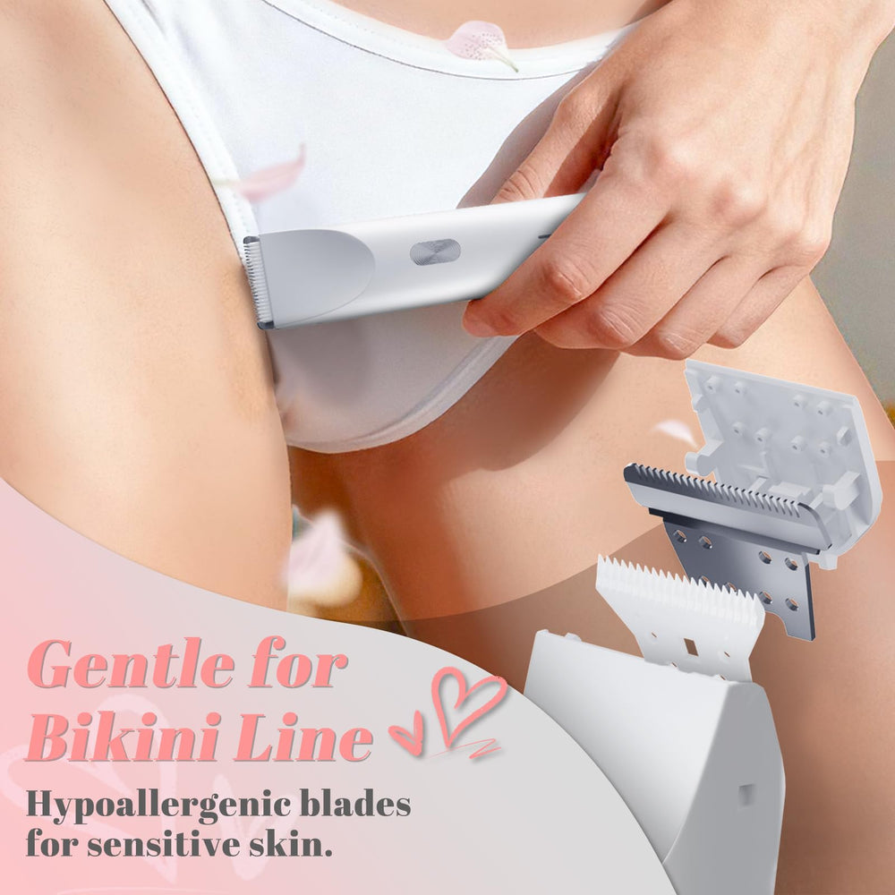 Fanovae bikini trimmer dual-head close-up highlights precision blades for delicate areas.