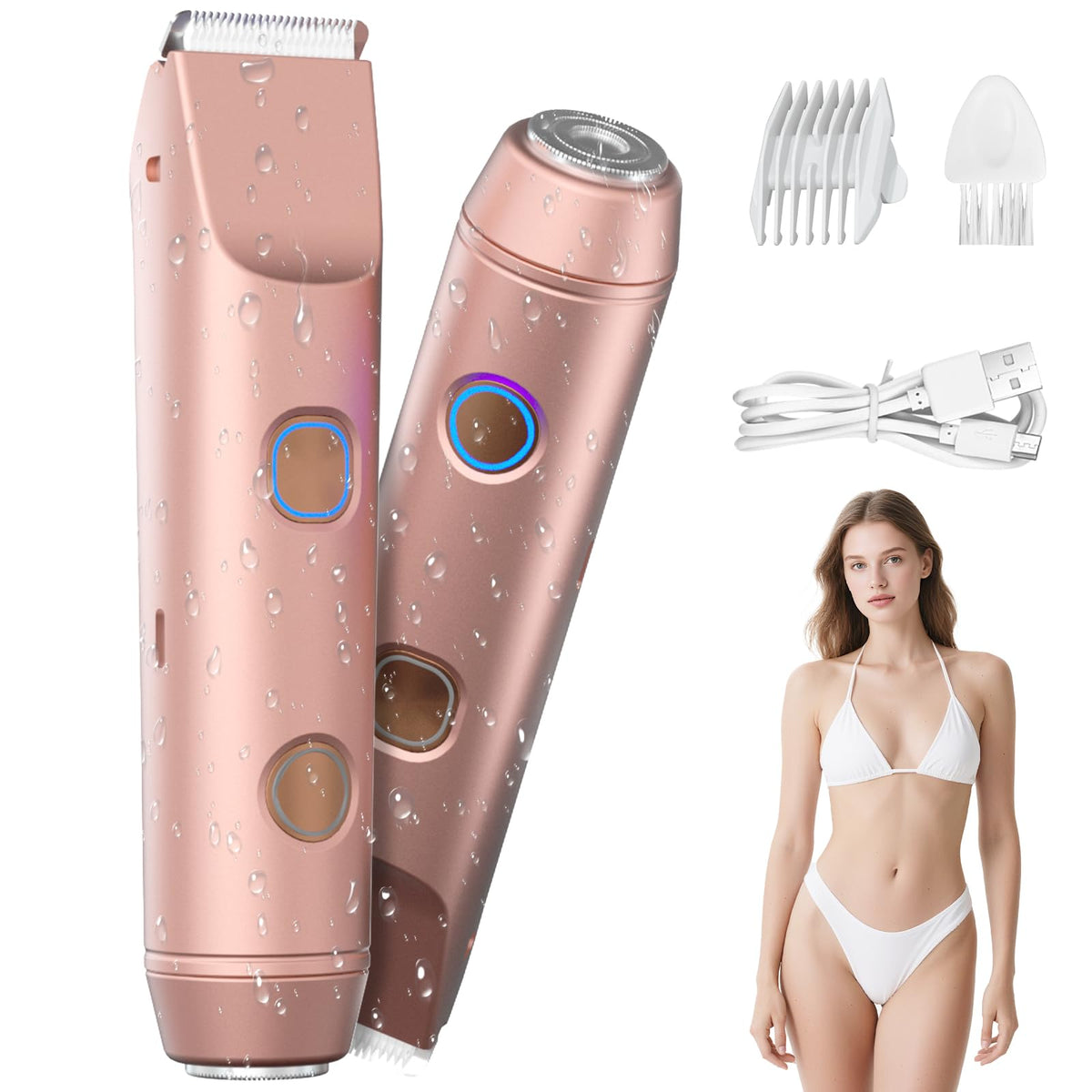 Fanovae bikini trimmer rose-gold dual-head design for precise grooming on legs and bikini line.