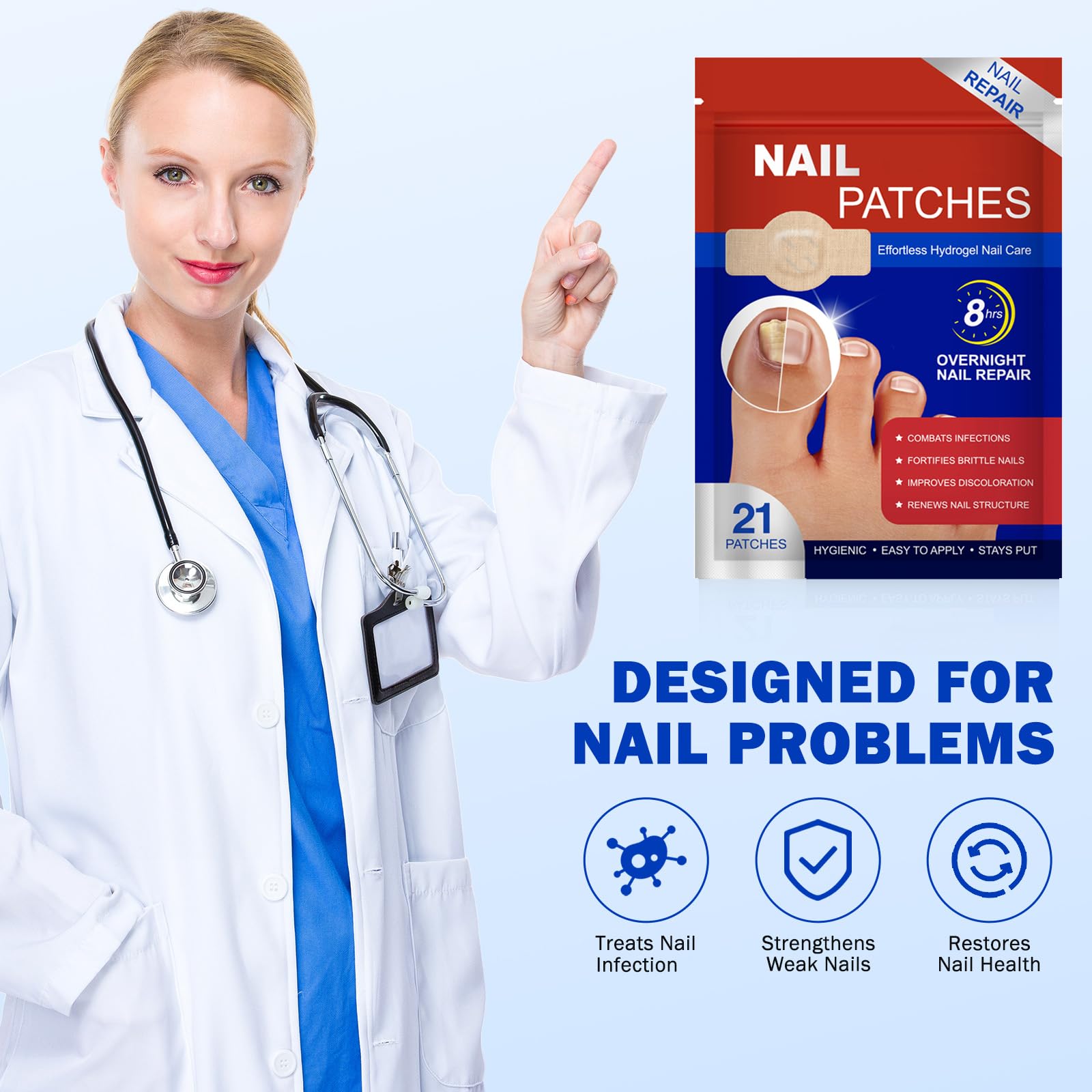 Fanshi Nail Patches on damaged nail suggesting renewal and care