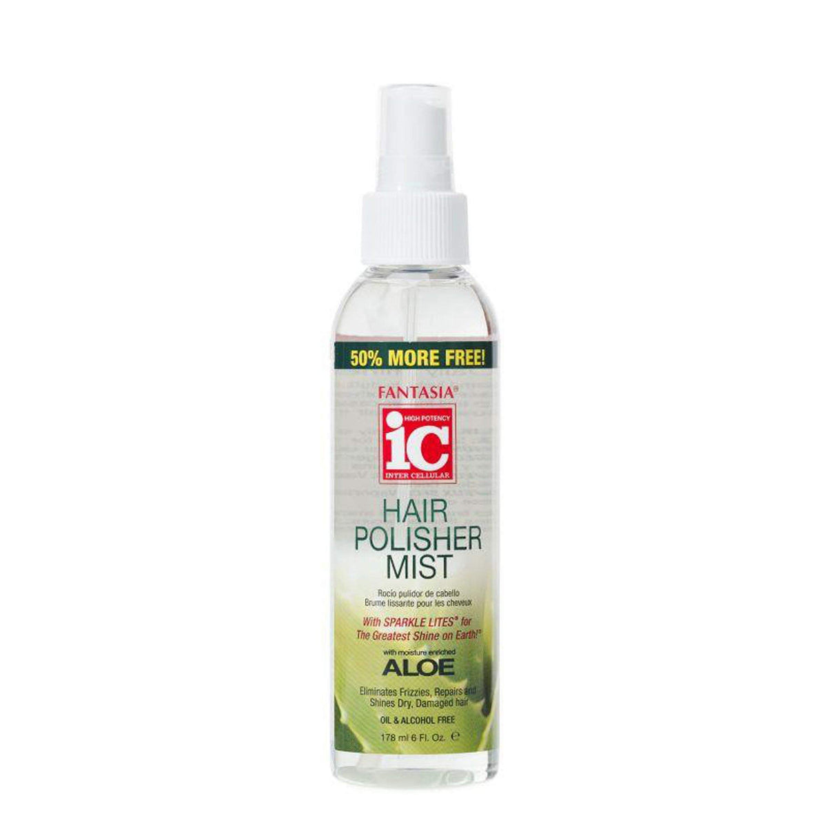 Fantasia Hair Polisher Mist bottle 6oz demonstrates frizz control and shine enhancement.