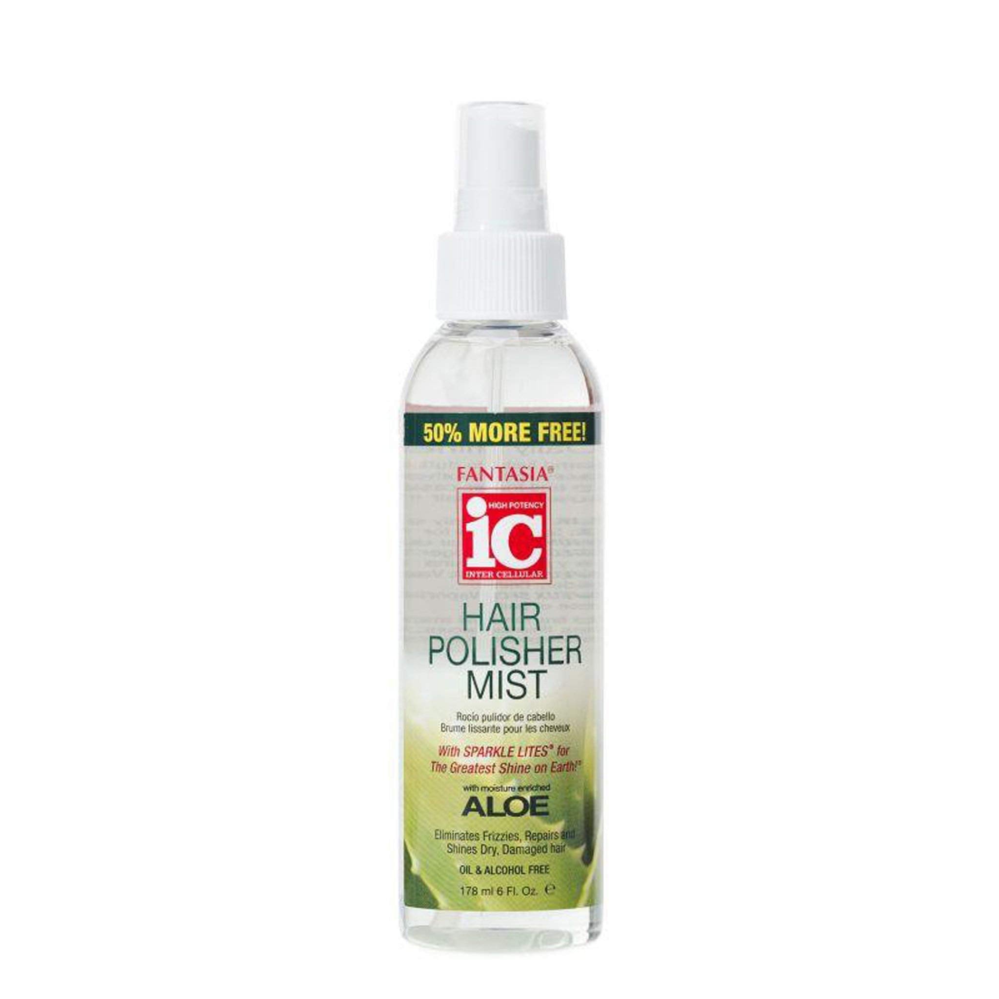 Fantasia Hair Polisher Mist spray highlights easy application for sleek, glossy hair.