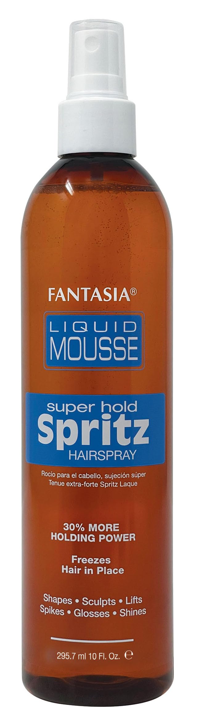 Fantasia Liquid Mousse Spritz bottle closeup showing lasting hold and shine.