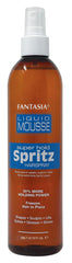 Fantasia Liquid Mousse Spritz bottle closeup showing lasting hold and shine.