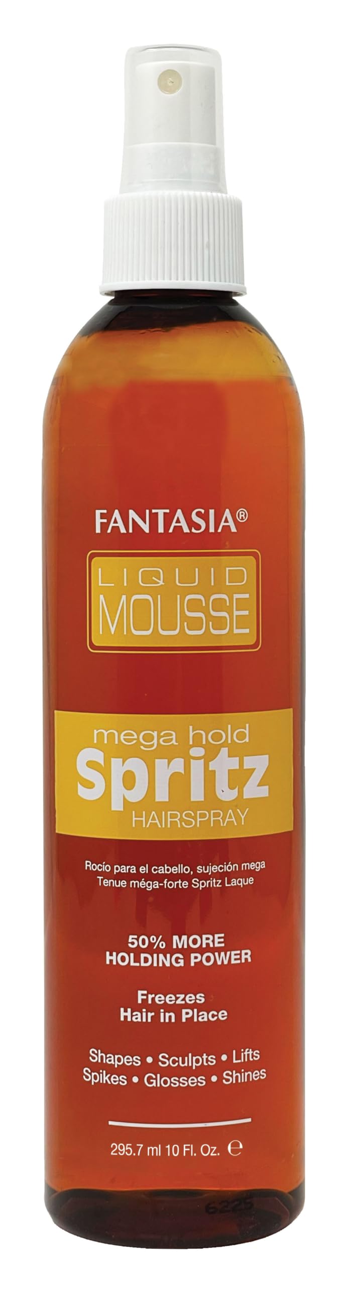 Fantasia Liquid Mousse Spritz Mega Hold bottle showing glossy shine and long-lasting hold.