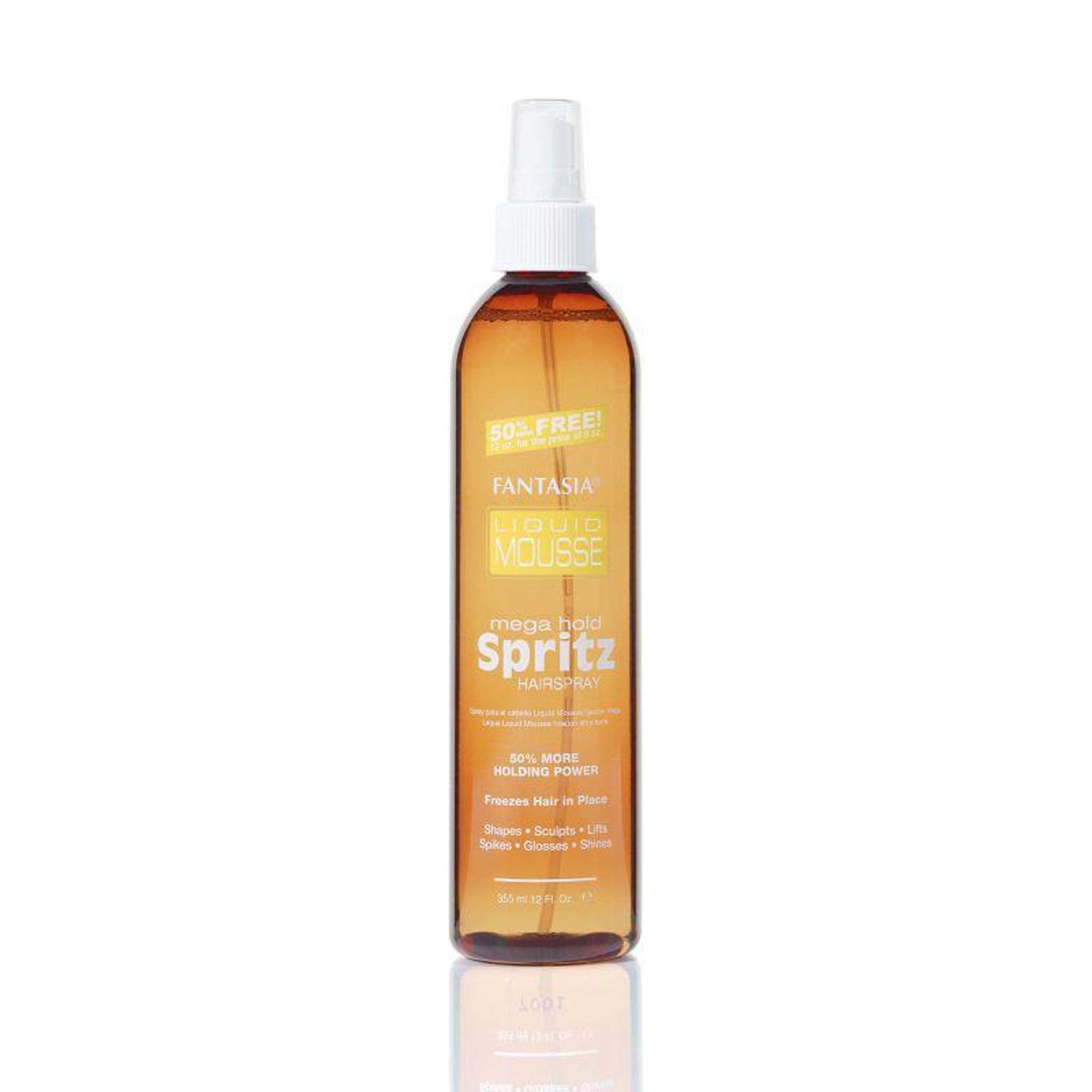 Fantasia Spritz Mega Hold Spray being applied to hair for humidity resistance and frizz control.