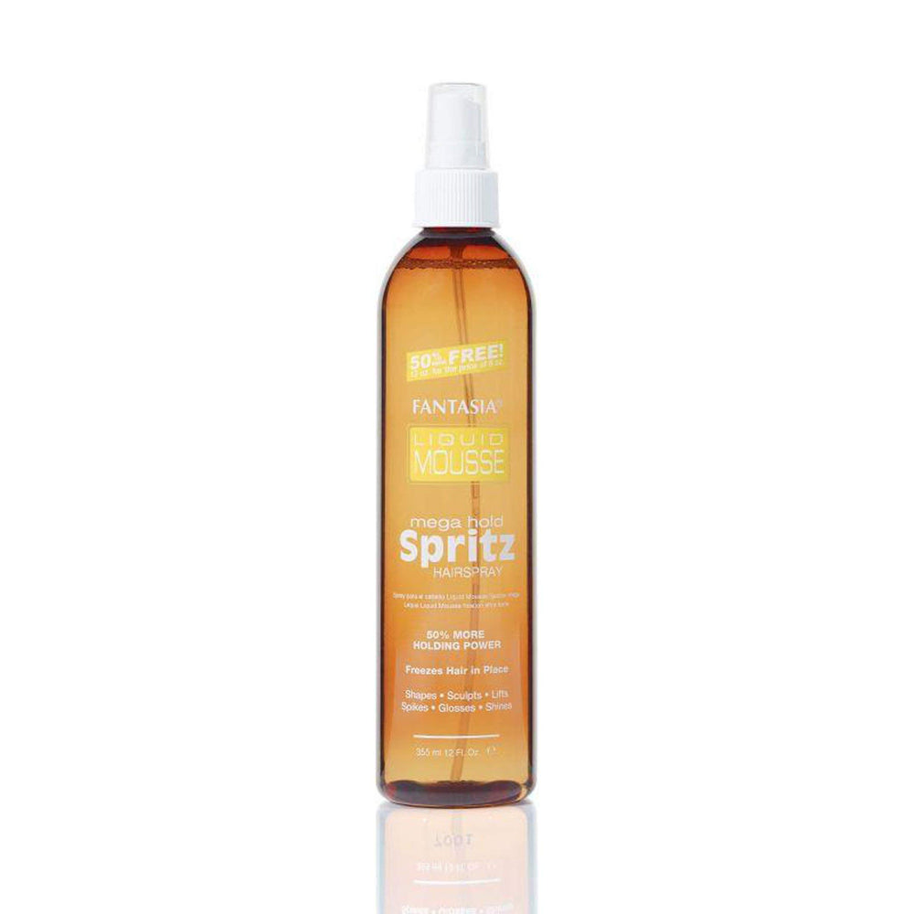 Fantasia Spritz Mega Hold Spray bottle illustrating fast-drying hold for long-lasting styles.