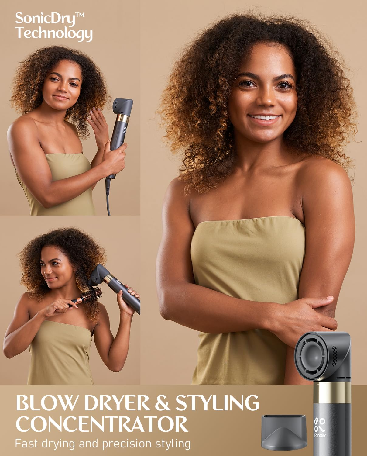 Fanttik Solo AirWave auto-wrap curl demonstrates bi-directional curling action.
