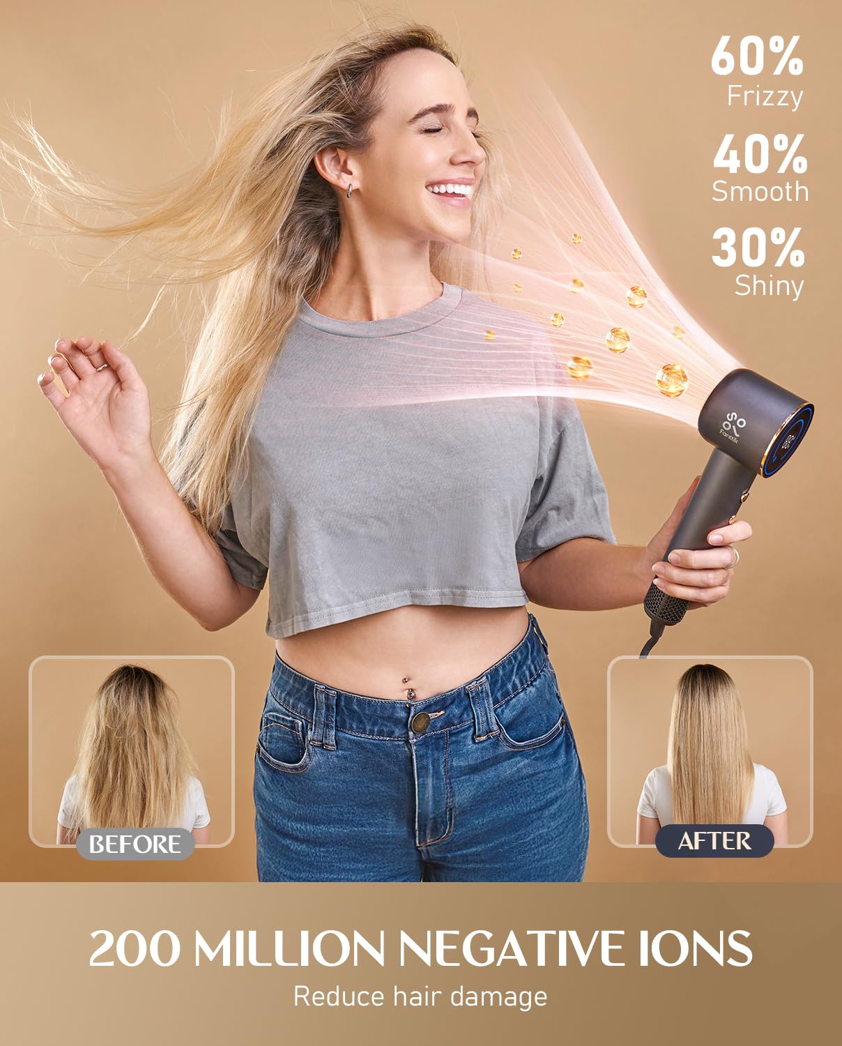 Ionic technology balances static for smoother styling on Fanttik Solo SonicDry H10 Apex.