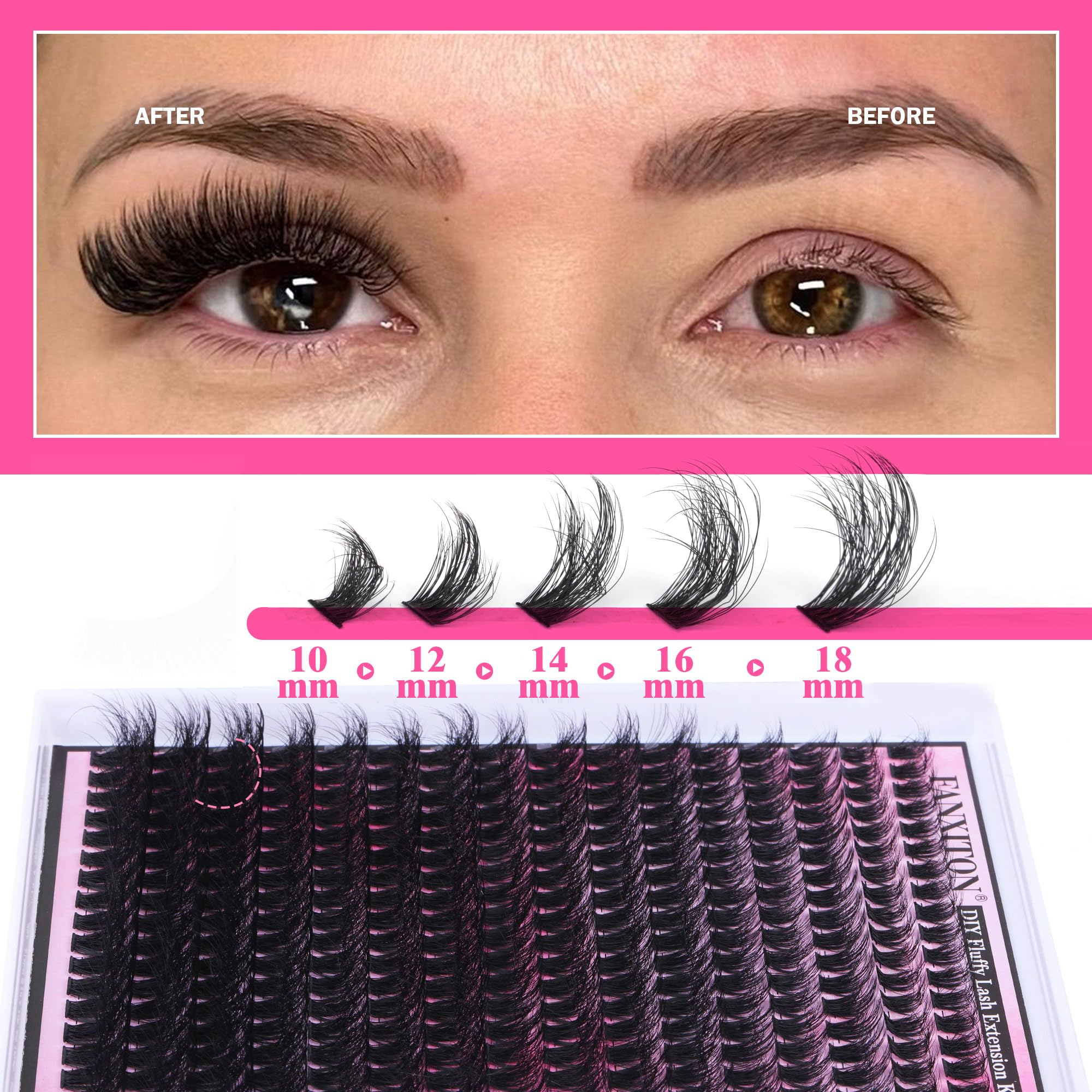 Fanxiton lash clusters kit 10-18mm for natural 3D fullness.