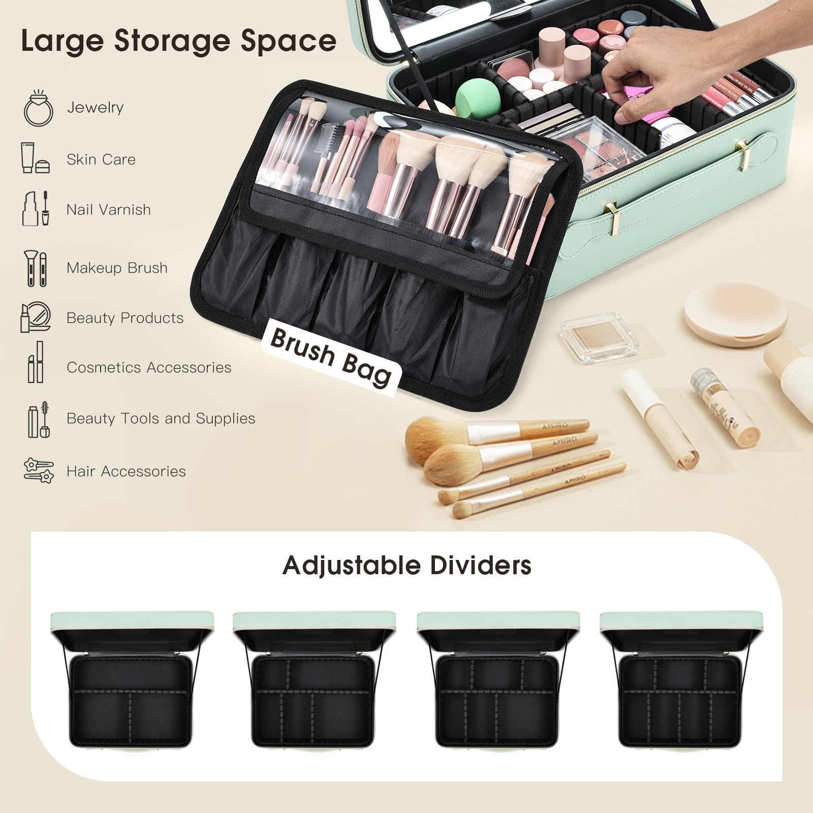 Faquenc leather makeup case color-modes demonstrate warm, neutral, and cool lighting options.