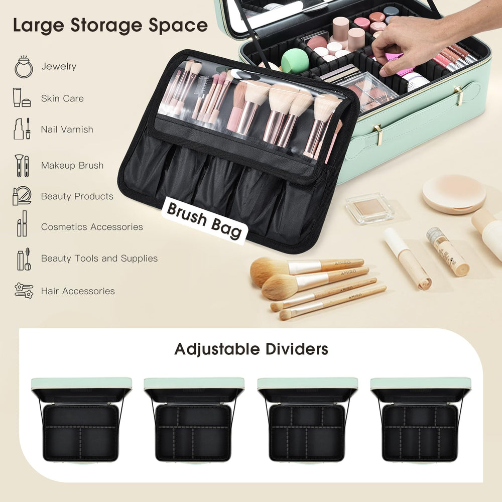Faquenc leather makeup case color-modes demonstrate warm, neutral, and cool lighting options.