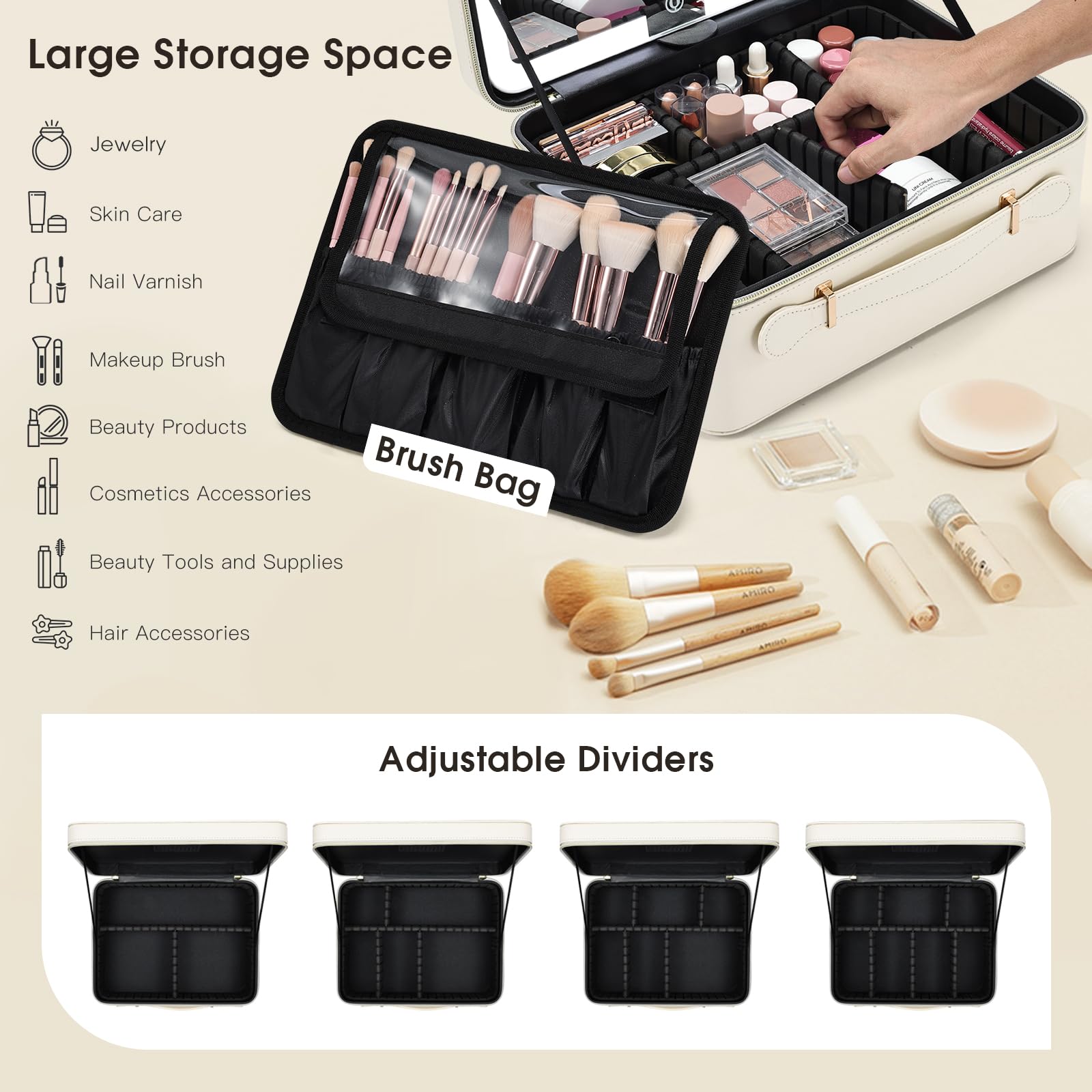 Faquenc Leather Makeup Case with detachable dividers demonstrates customizable organization.