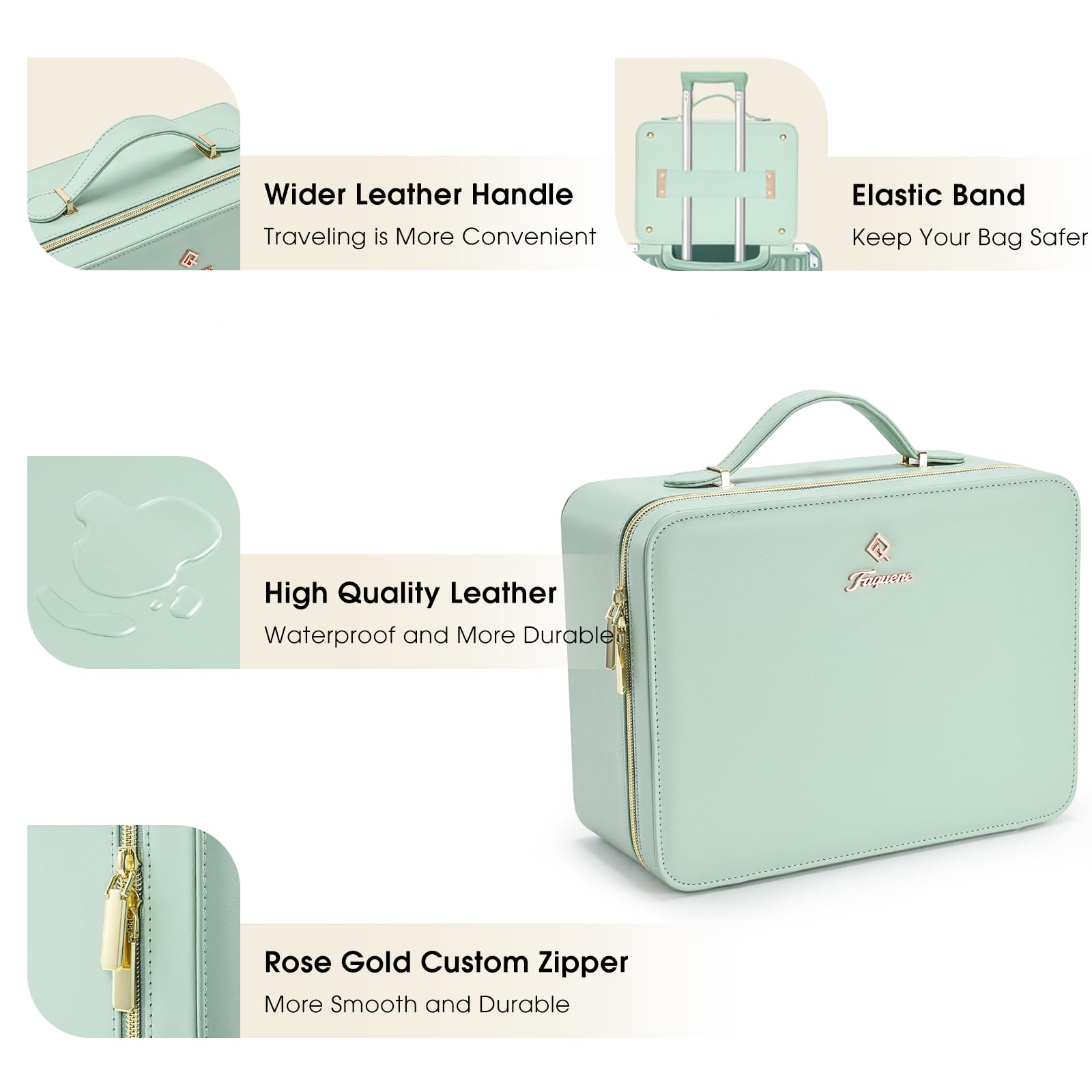 Faquenc leather makeup case detachable organizer emphasizes customizable storage.