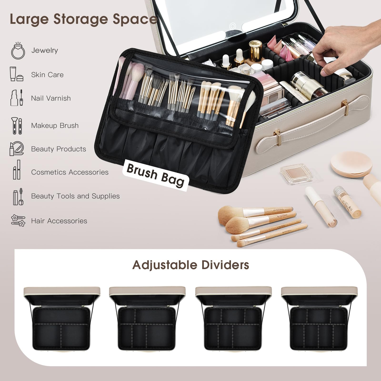 Faquenc makeup case with EVA dividers keeps cosmetics organized.