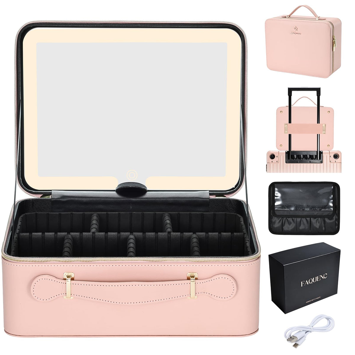 Faquenc leather makeup case with LED mirror provides vivid 4K lighting for accurate makeup application.