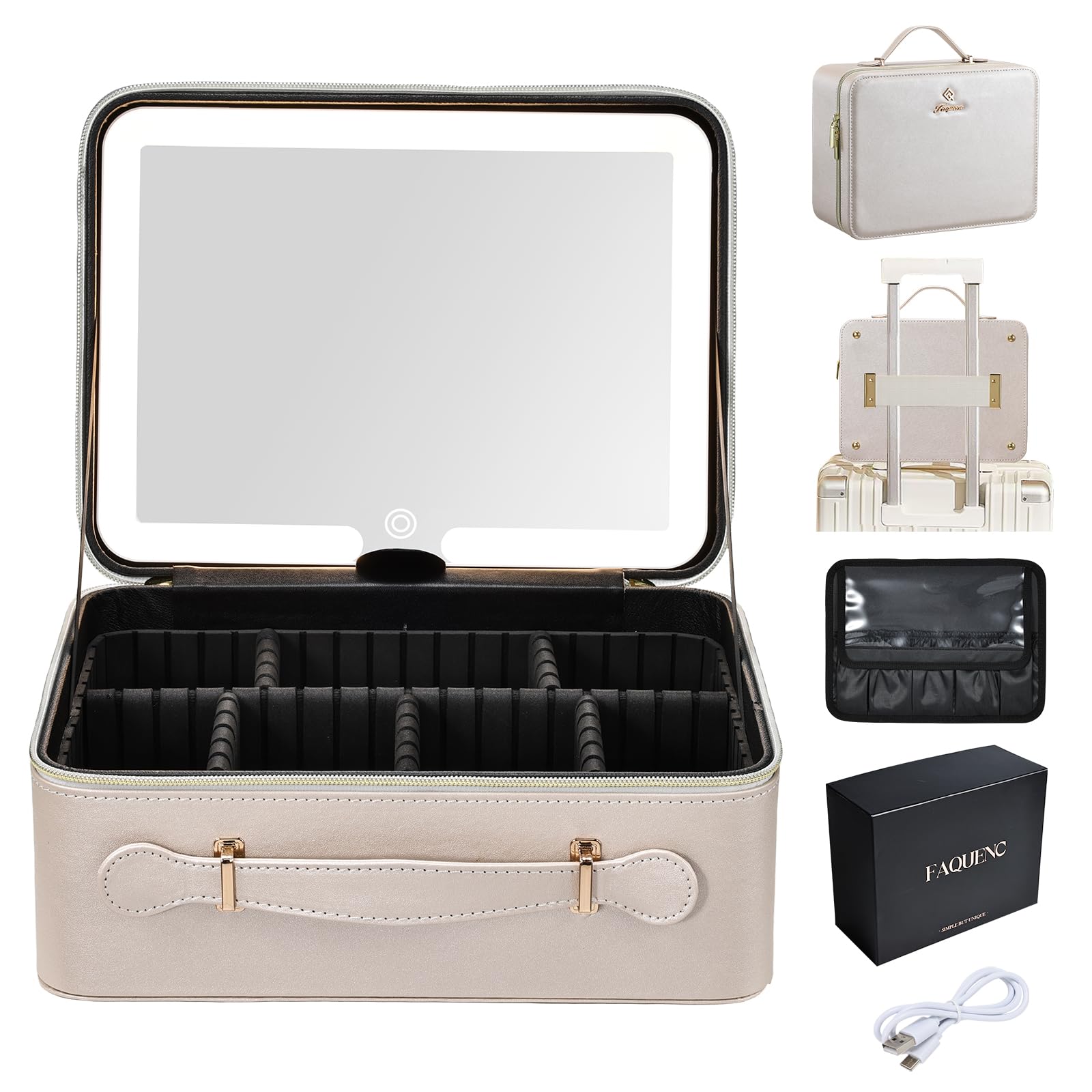 Faquenc leather makeup case with LED mirror for on the go touch ups.