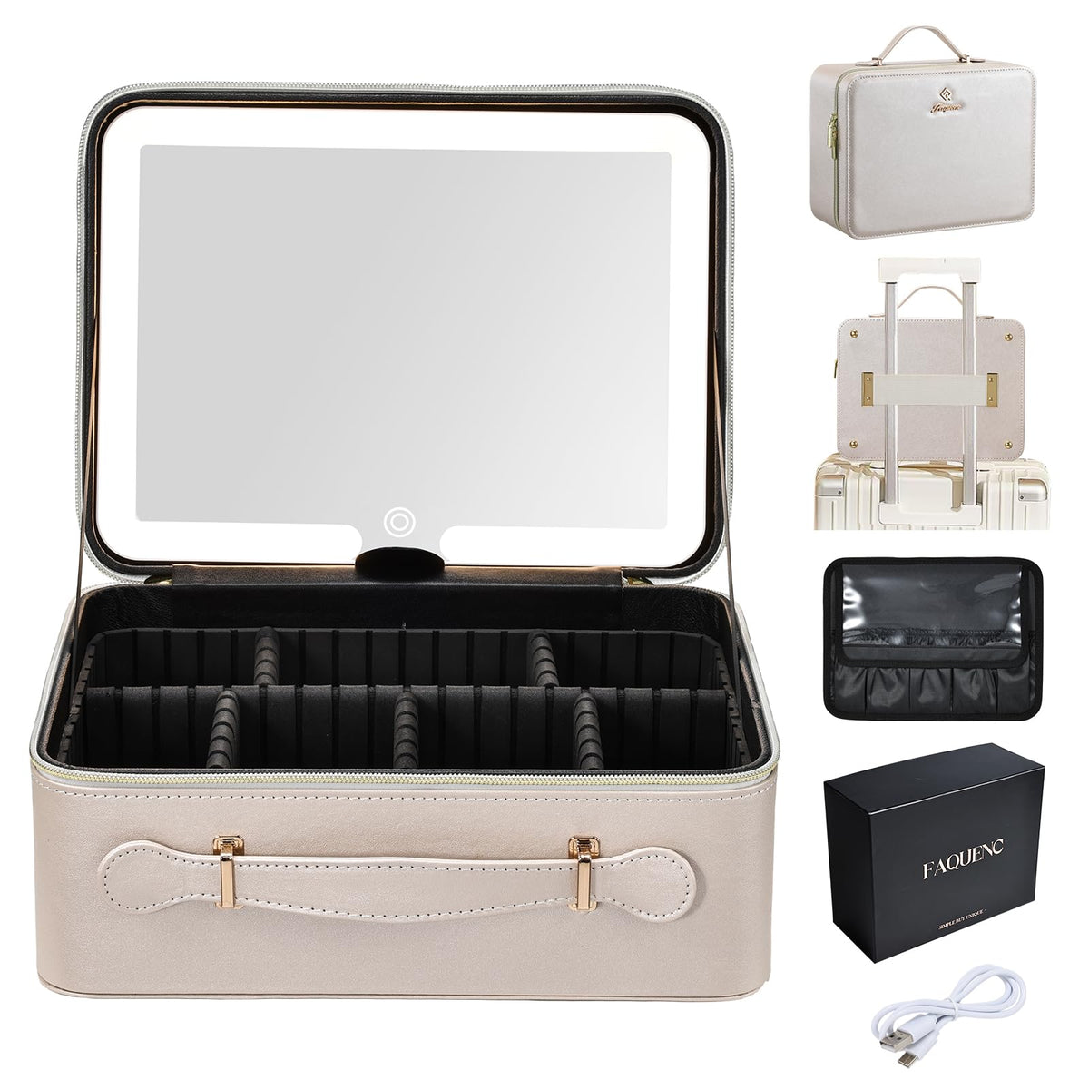 Faquenc leather makeup case with LED mirror for on the go touch ups.