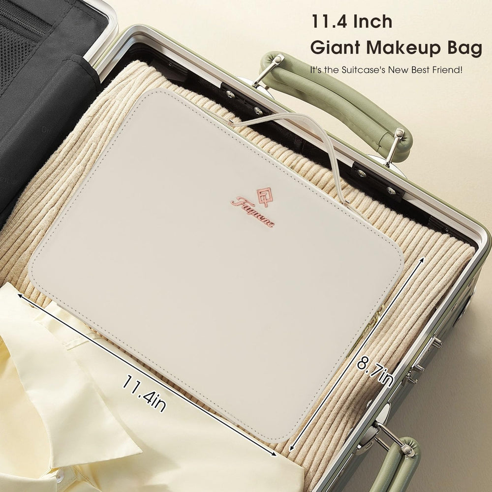 Faquenc Leather Makeup Case shows built-in luggage strap for on-the-go convenience.