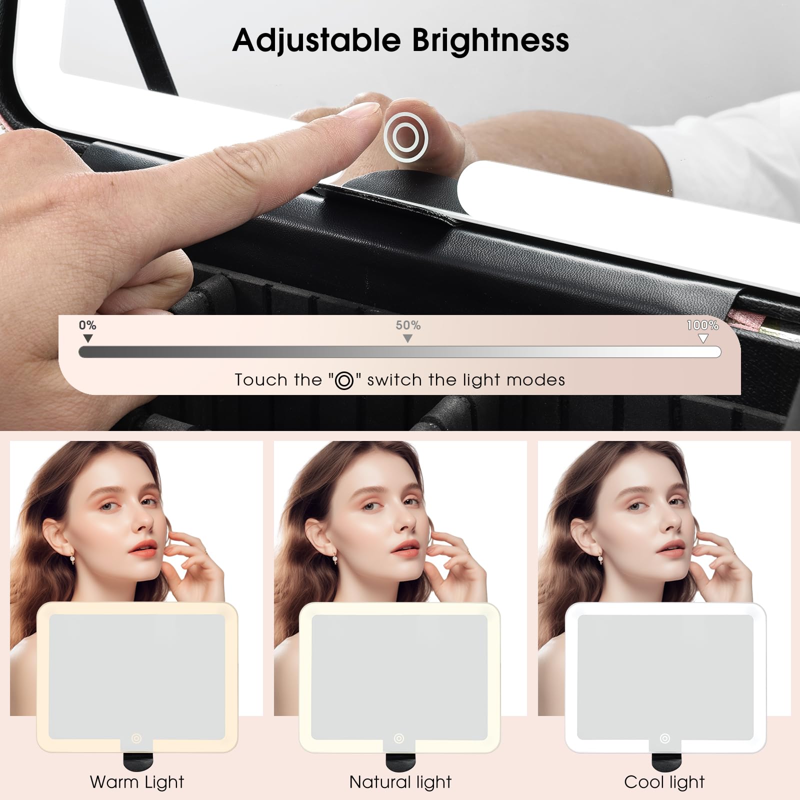 Faquenc three-light modes mirror offer warm, neutral, cold options for skin tone checks.