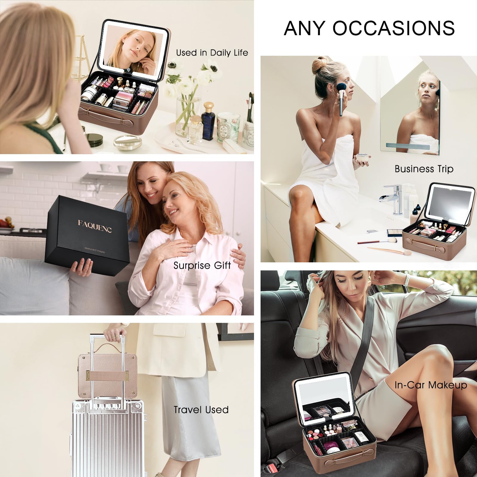 Faquenc travel cosmetic case includes luggage elastic band for secure packing.
